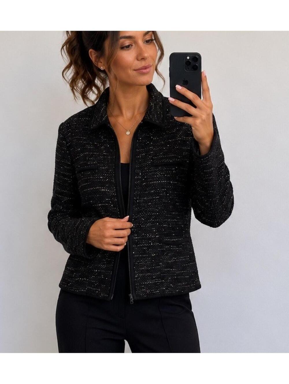 Vintage Sag Harbor Black Tweed Lady Jacket Blazer Size 12P Petite  Career Preppy